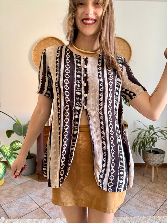 1990's vintage black, cream at tan geometric print blouse
