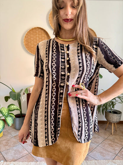 1990's vintage black, cream at tan geometric print blouse