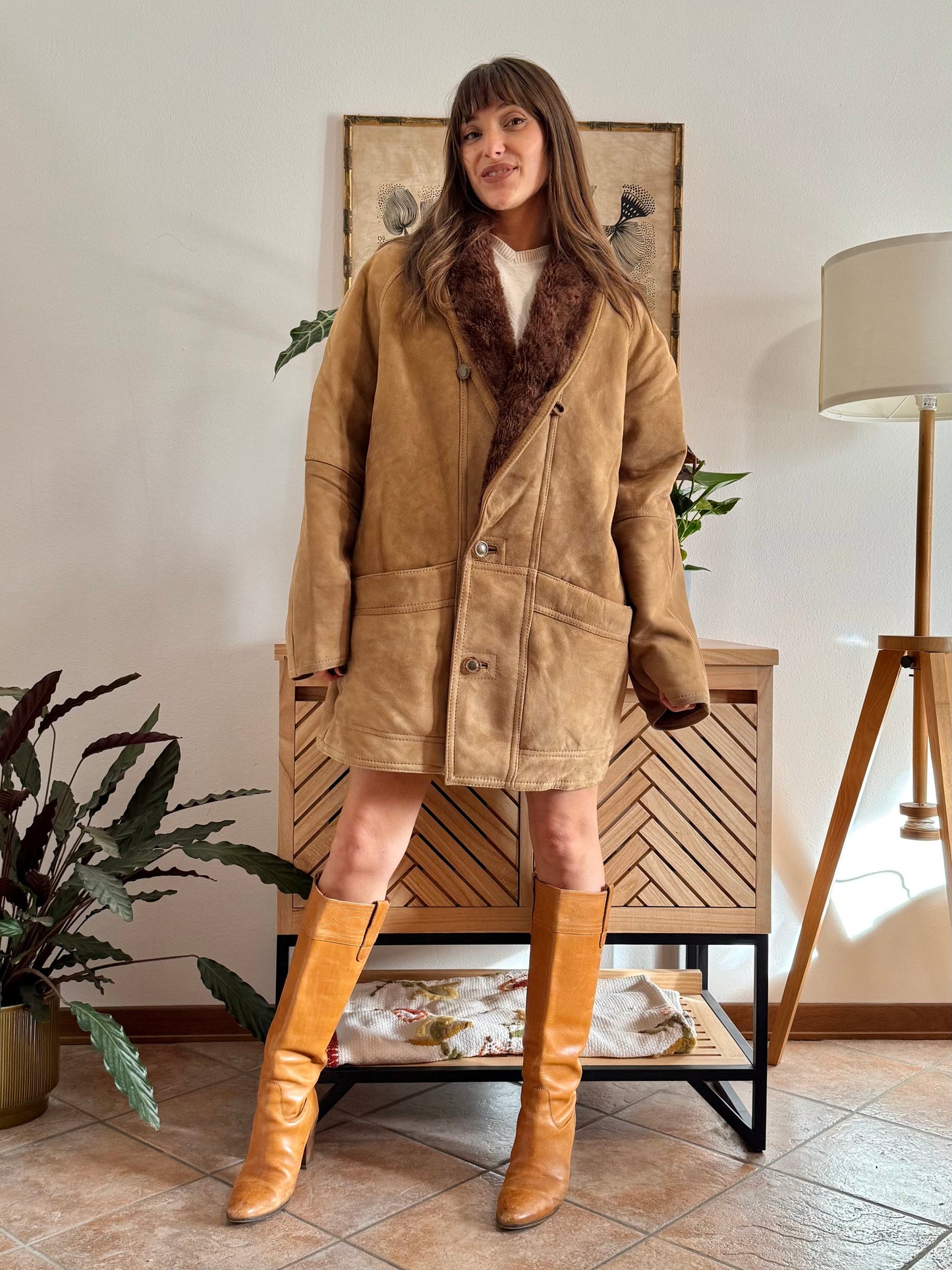 1970's vintage beige montone shearling coat with chocolate brown lining and collar