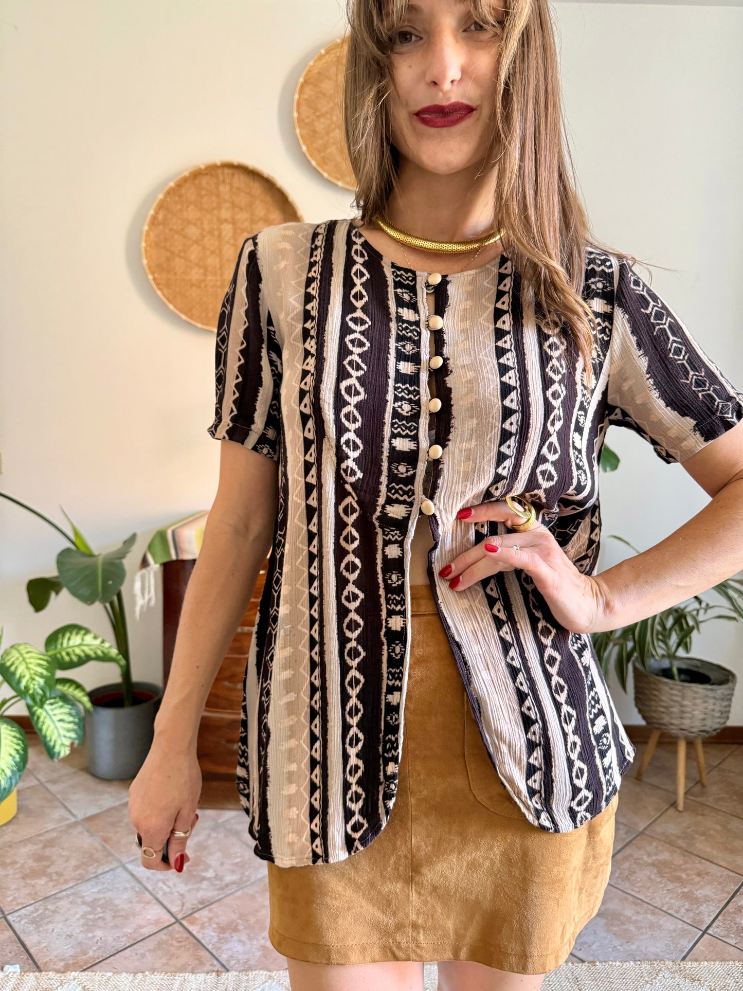 1990's vintage black, cream at tan geometric print blouse