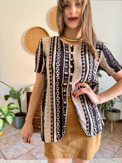 1990's vintage black, cream at tan geometric print blouse