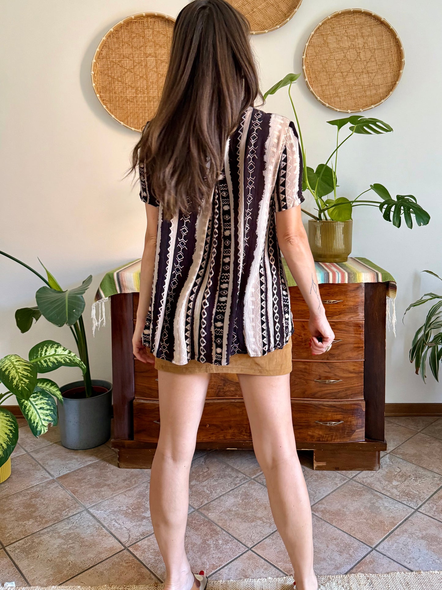 1990's vintage black, cream at tan geometric print blouse