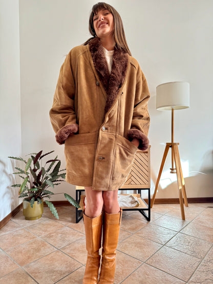 1970's vintage beige montone shearling coat with chocolate brown lining and collar