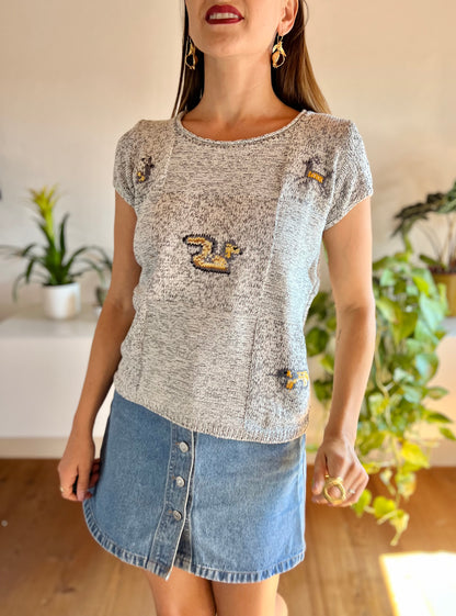 1970's vintage hand knit grey top with animal details