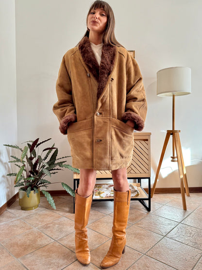 1970's vintage beige montone shearling coat with chocolate brown lining and collar