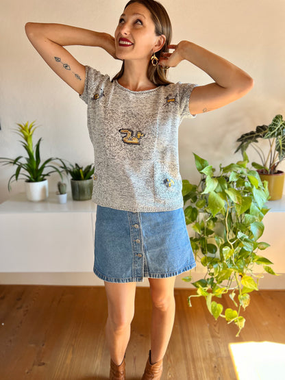 1970's vintage hand knit grey top with animal details