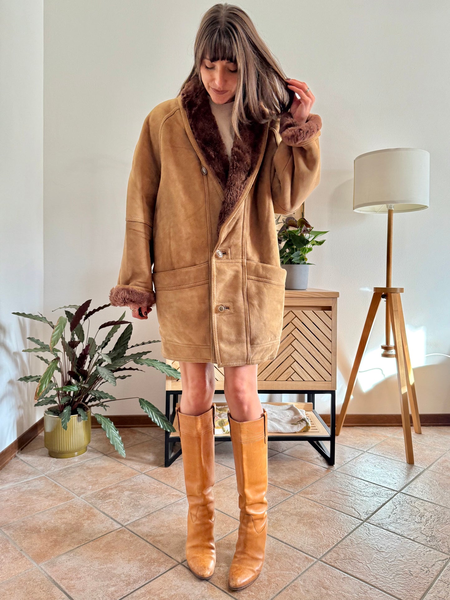 1970's vintage beige montone shearling coat with chocolate brown lining and collar