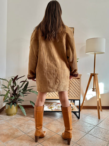 1970's vintage beige montone shearling coat with chocolate brown lining and collar
