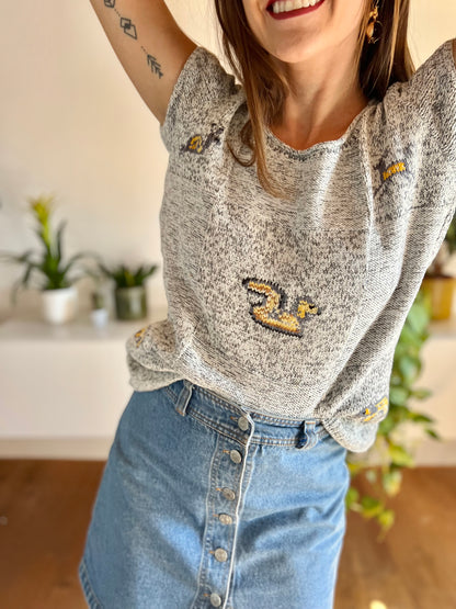 1970's vintage hand knit grey top with animal details