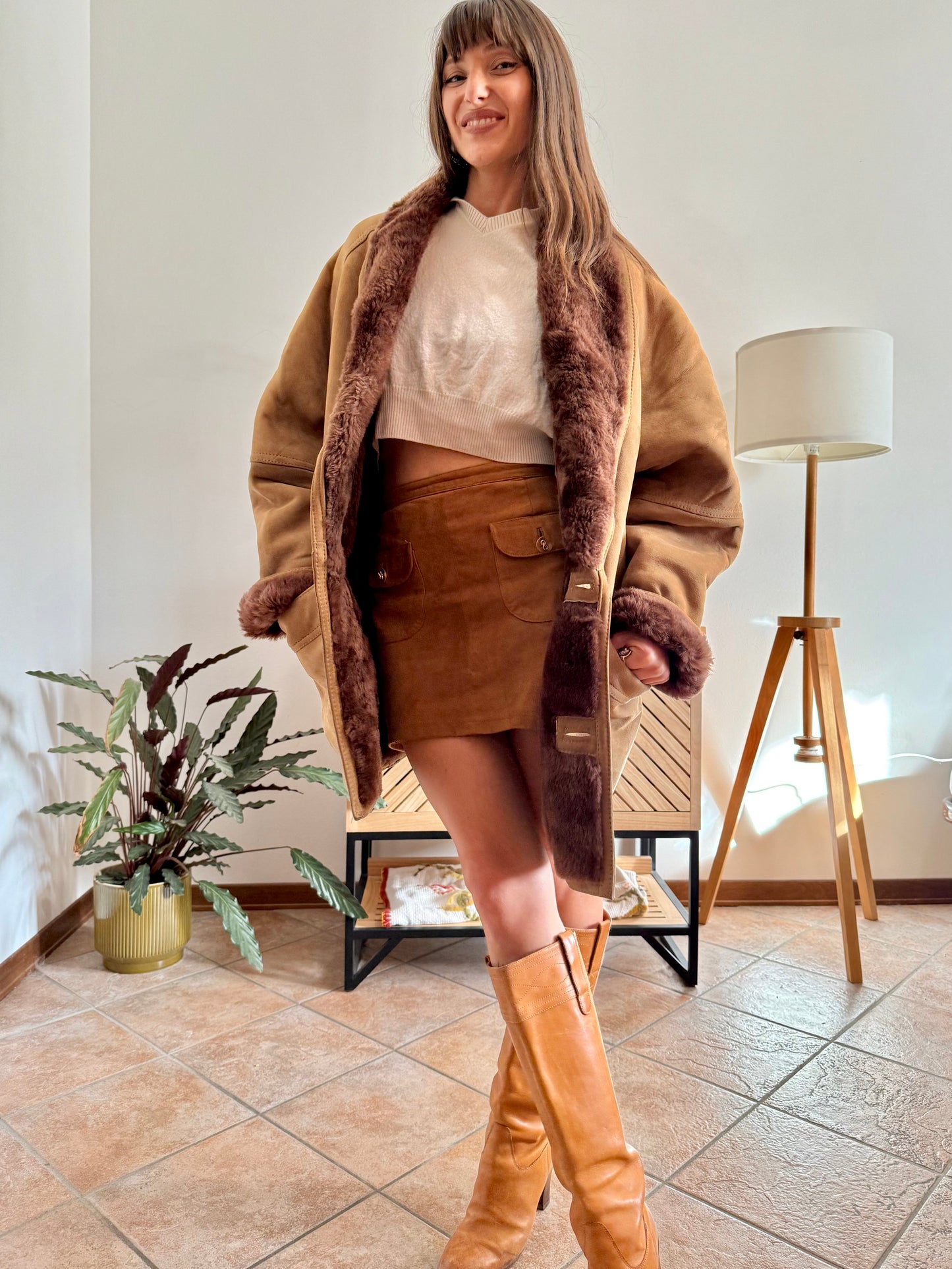 1970's vintage beige montone shearling coat with chocolate brown lining and collar