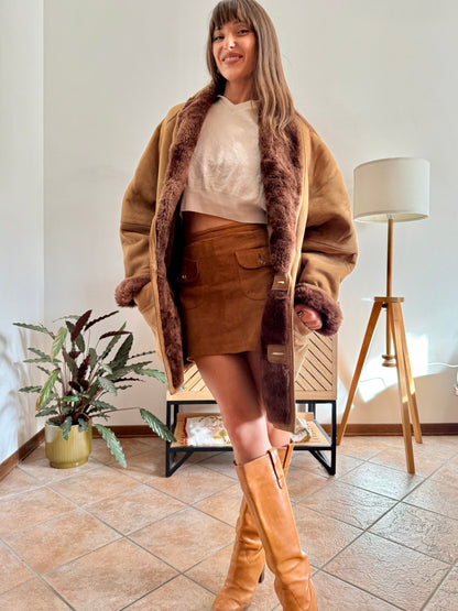 1970's vintage beige montone shearling coat with chocolate brown lining and collar
