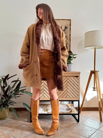 1970's vintage beige montone shearling coat with chocolate brown lining and collar