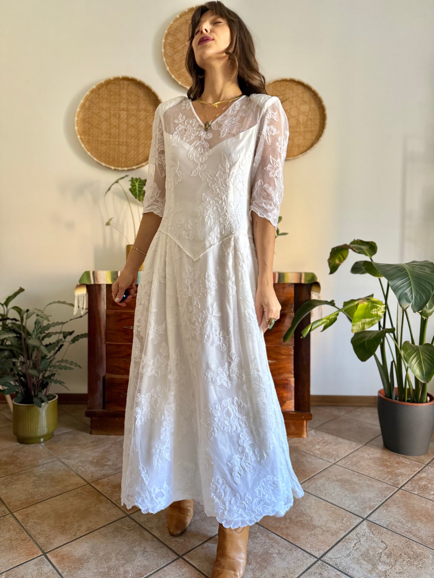 1970's vintage cream lace floral maxi dress with button details