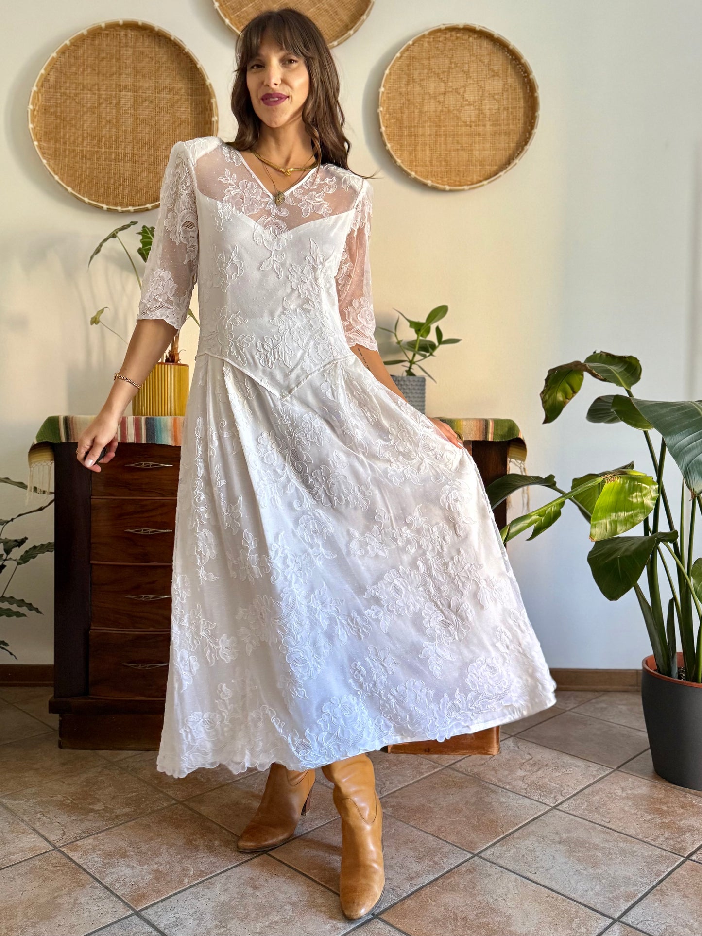 1970's vintage cream lace floral maxi dress with button details