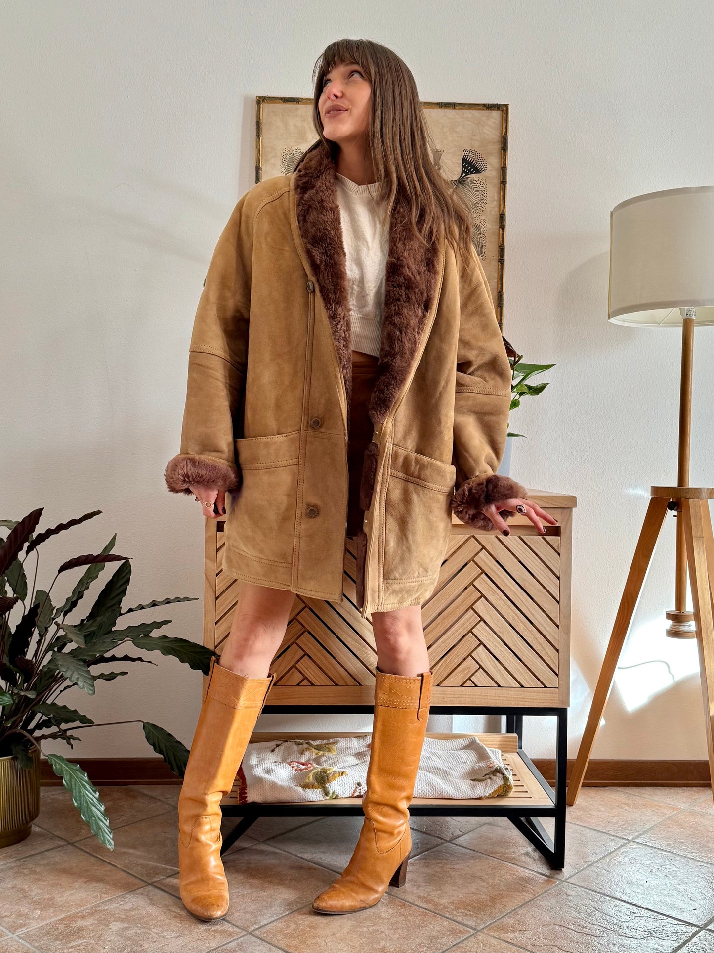 1970's vintage beige montone shearling coat with chocolate brown lining and collar