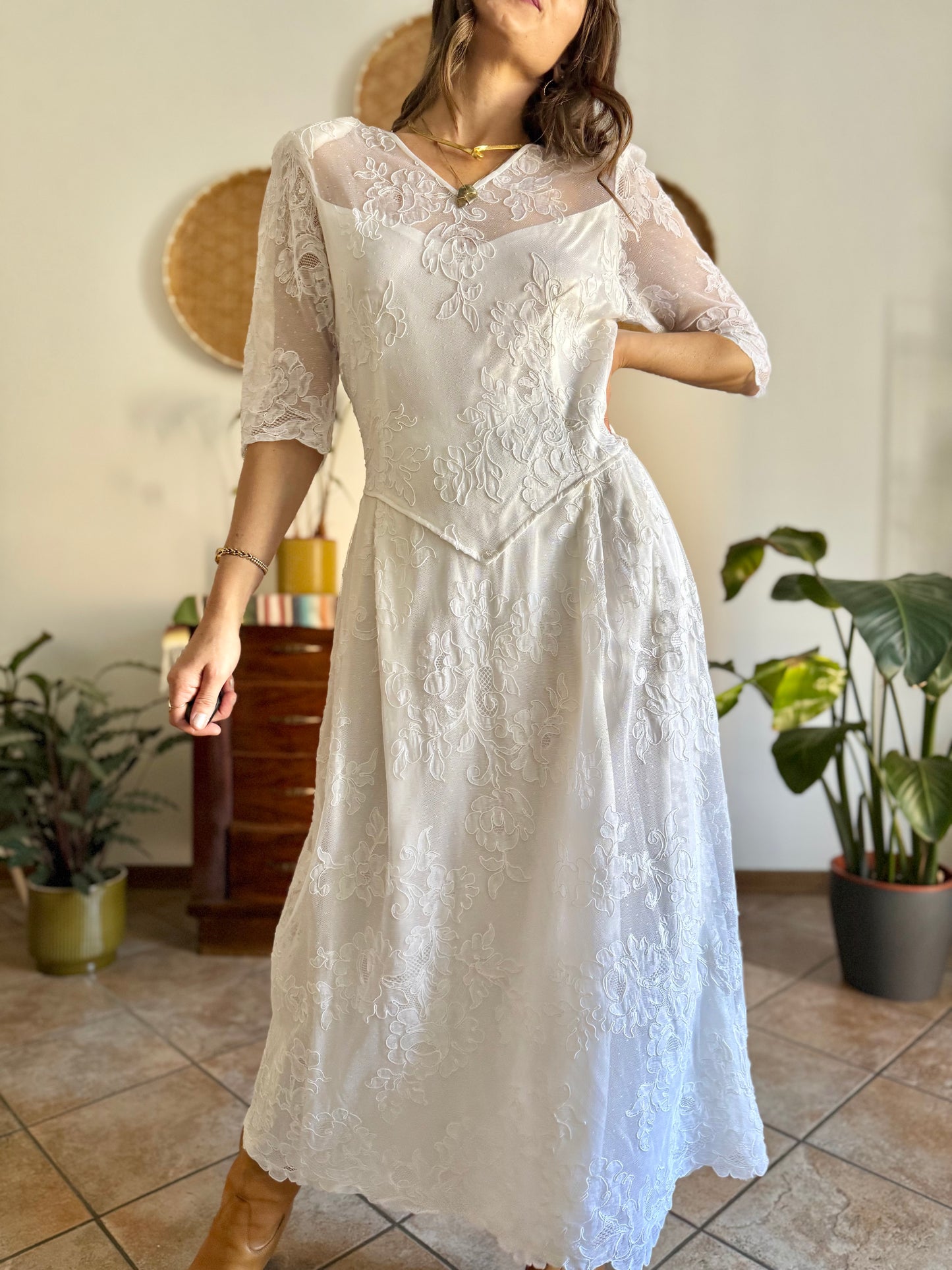 1970's vintage cream lace floral maxi dress with button details