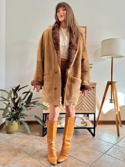 1970's vintage beige montone shearling coat with chocolate brown lining and collar