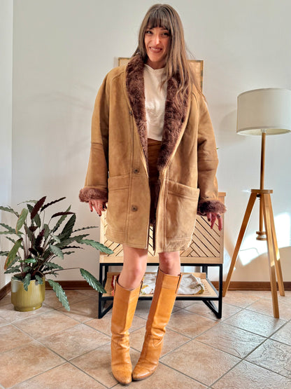 1970's vintage beige montone shearling coat with chocolate brown lining and collar