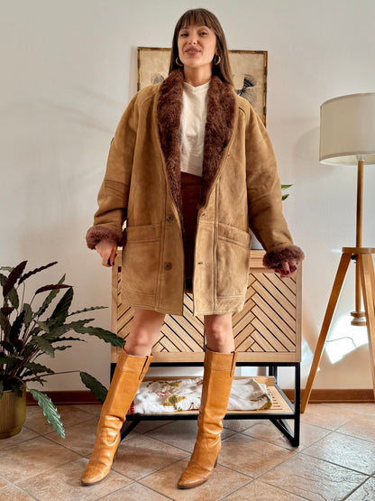 1970's vintage beige montone shearling coat with chocolate brown lining and collar