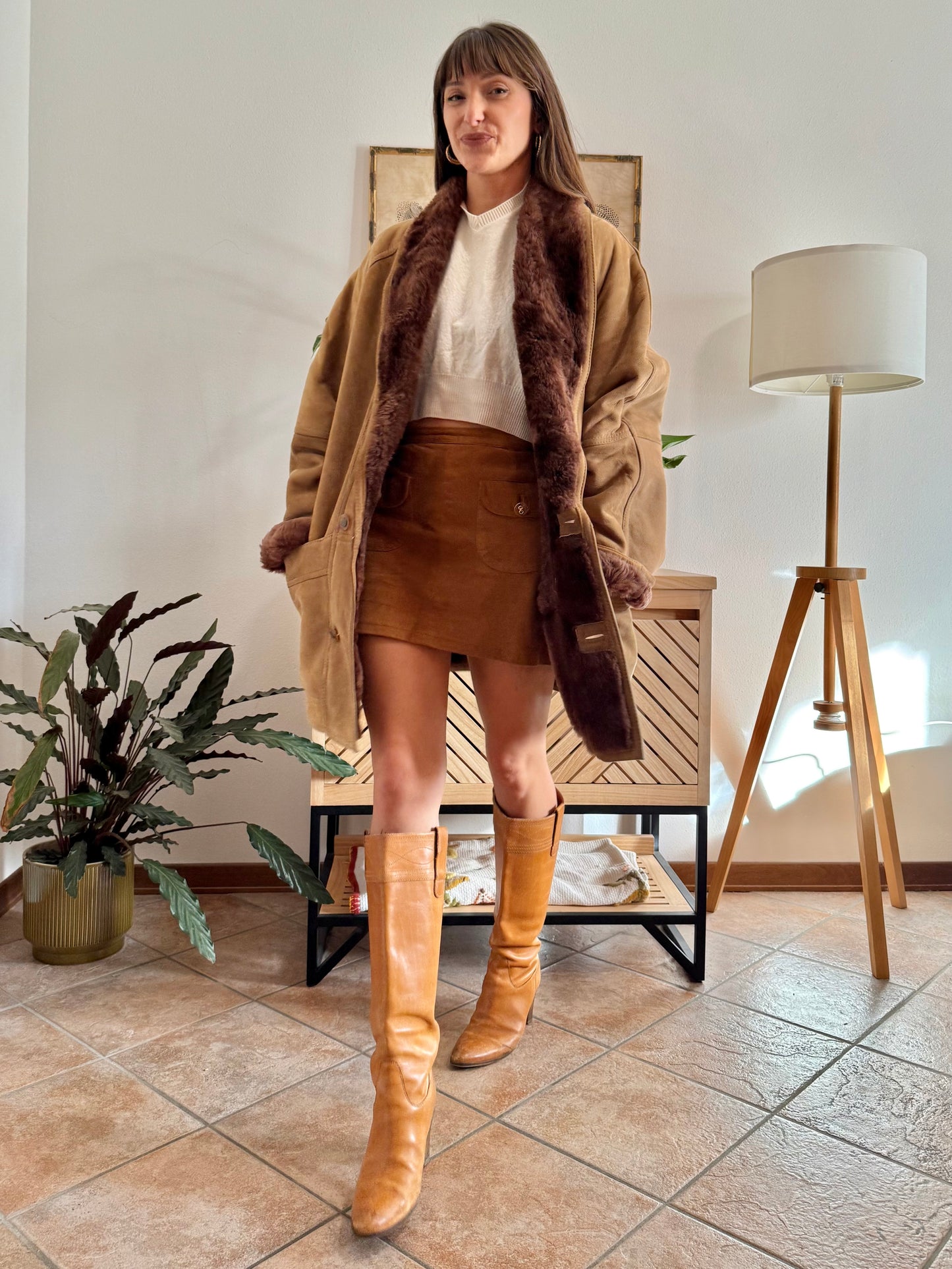 1970's vintage beige montone shearling coat with chocolate brown lining and collar