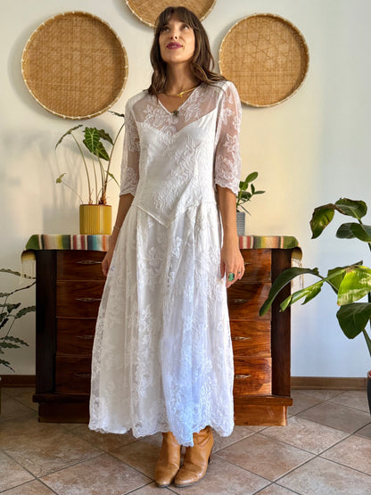 1970's vintage cream lace floral maxi dress with button details