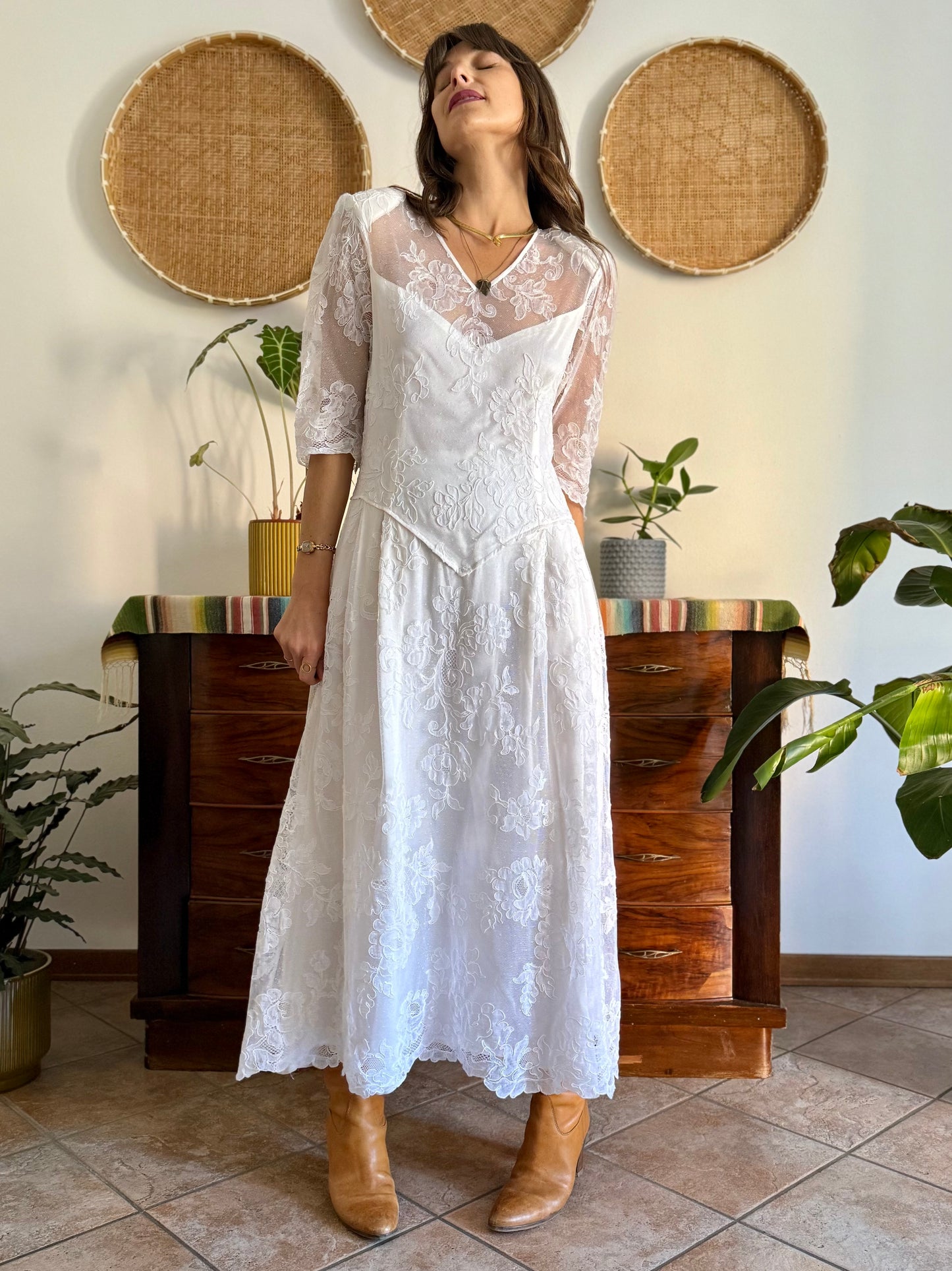 1970's vintage cream lace floral maxi dress with button details