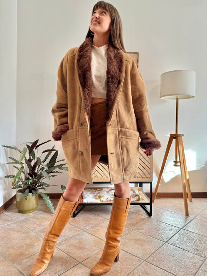 1970's vintage beige montone shearling coat with chocolate brown lining and collar
