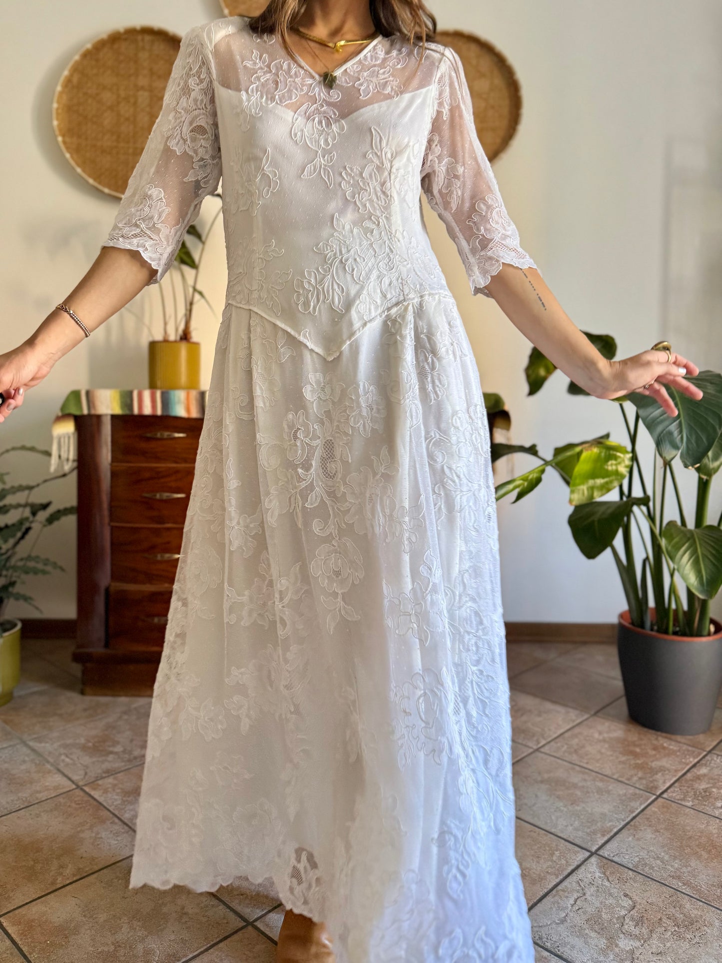1970's vintage cream lace floral maxi dress with button details
