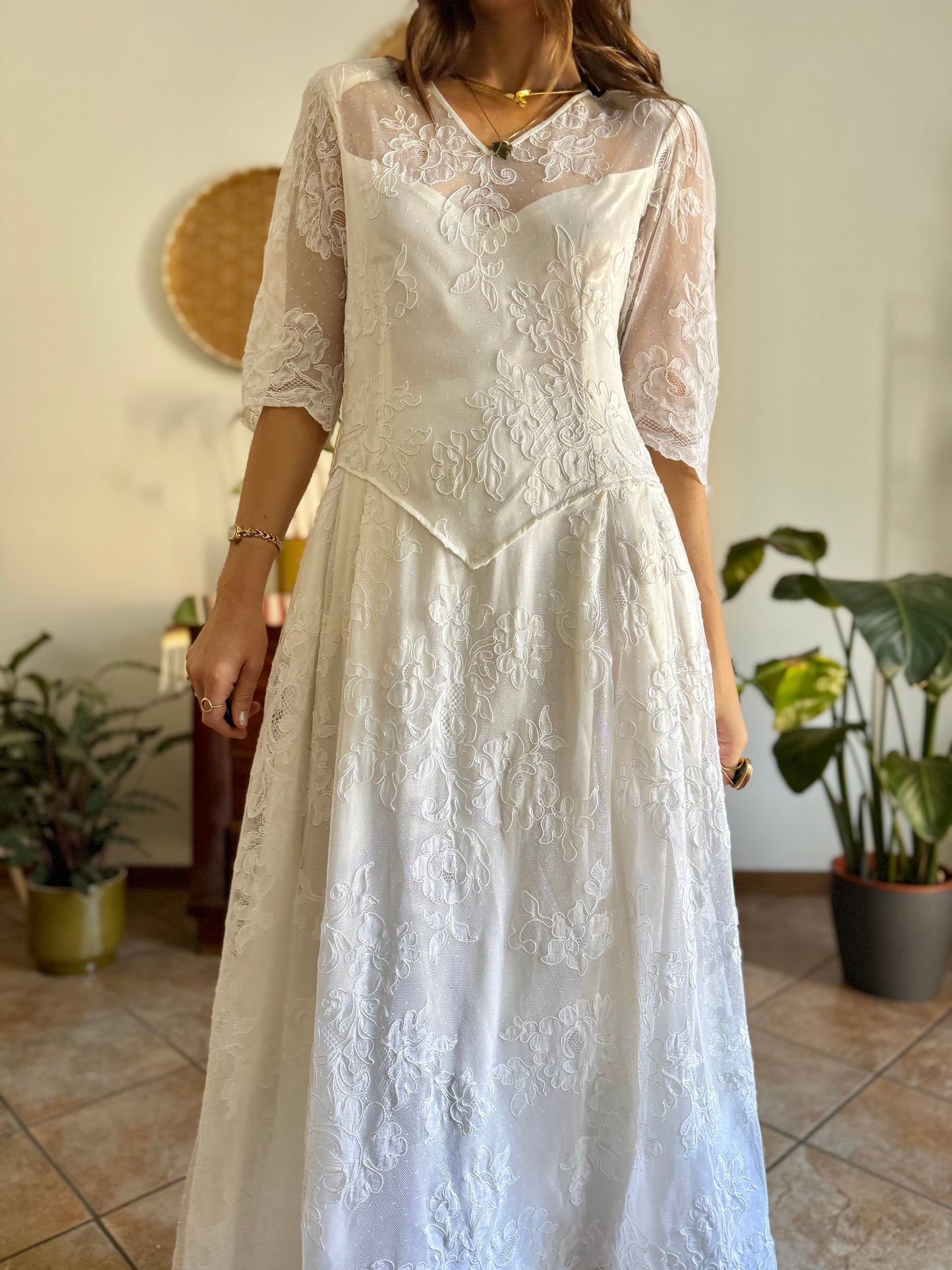 1970's vintage cream lace floral maxi dress with button details