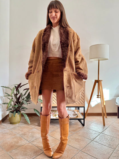 1970's vintage beige montone shearling coat with chocolate brown lining and collar