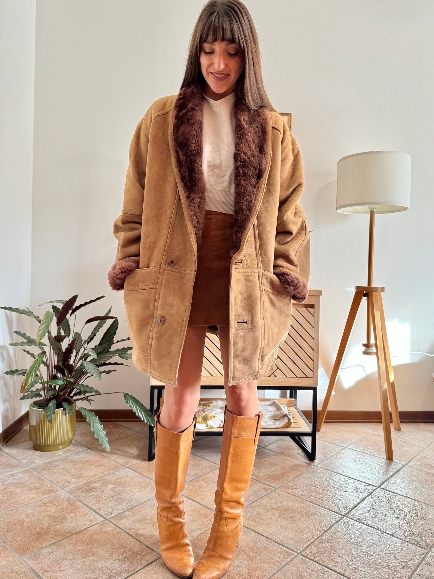 1970's vintage beige montone shearling coat with chocolate brown lining and collar
