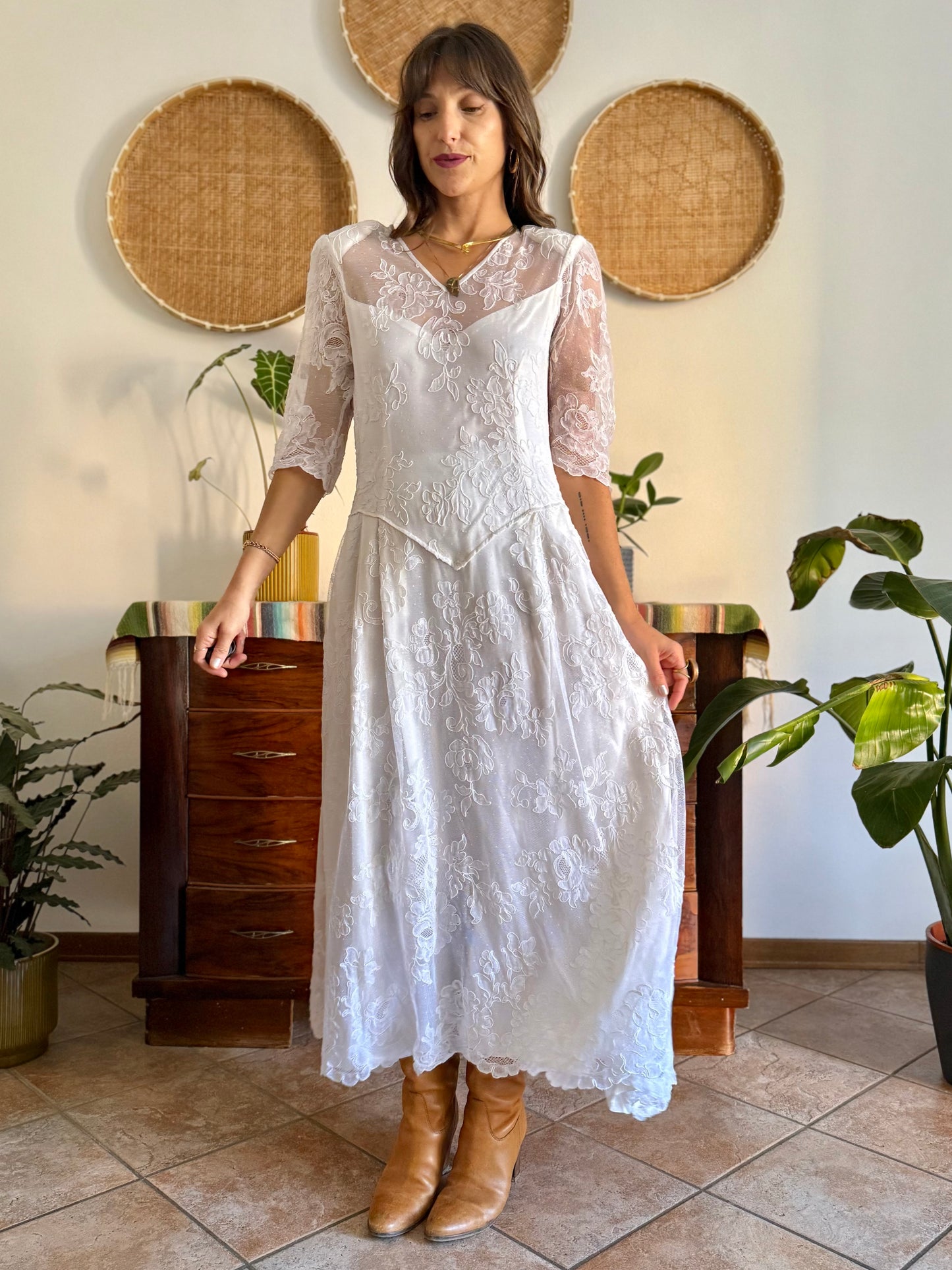 1970's vintage cream lace floral maxi dress with button details