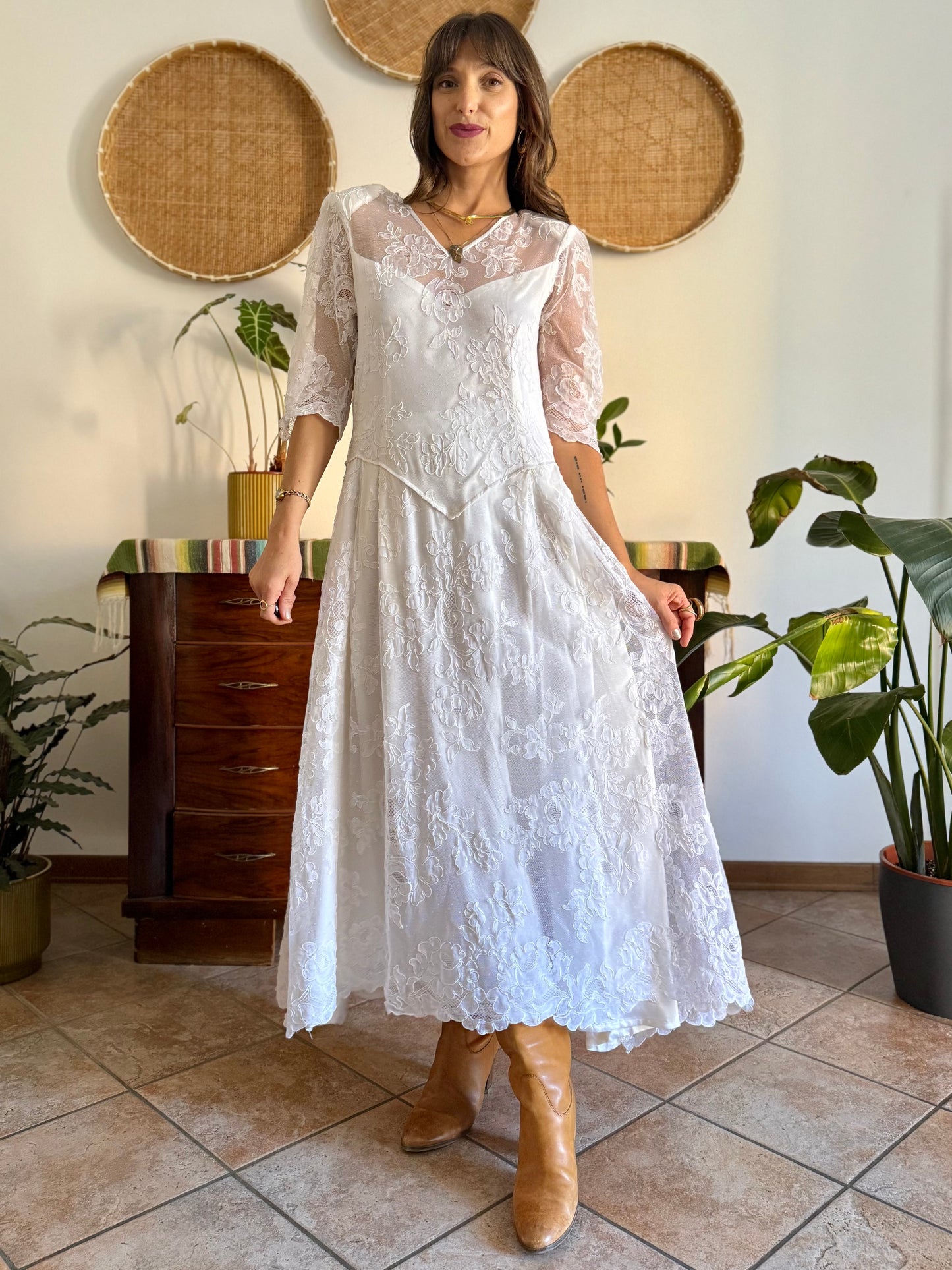 1970's vintage cream lace floral maxi dress with button details