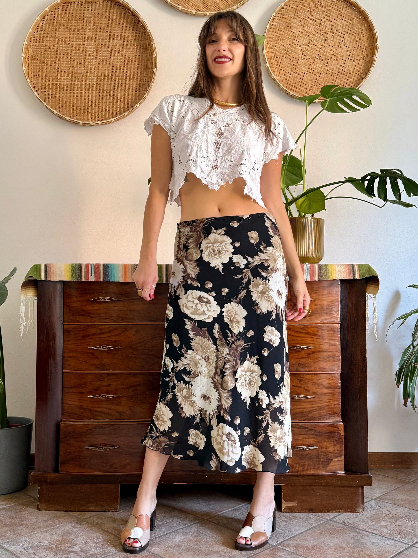 1990's vintage black, beige and lilac low waisted floral midi skirt