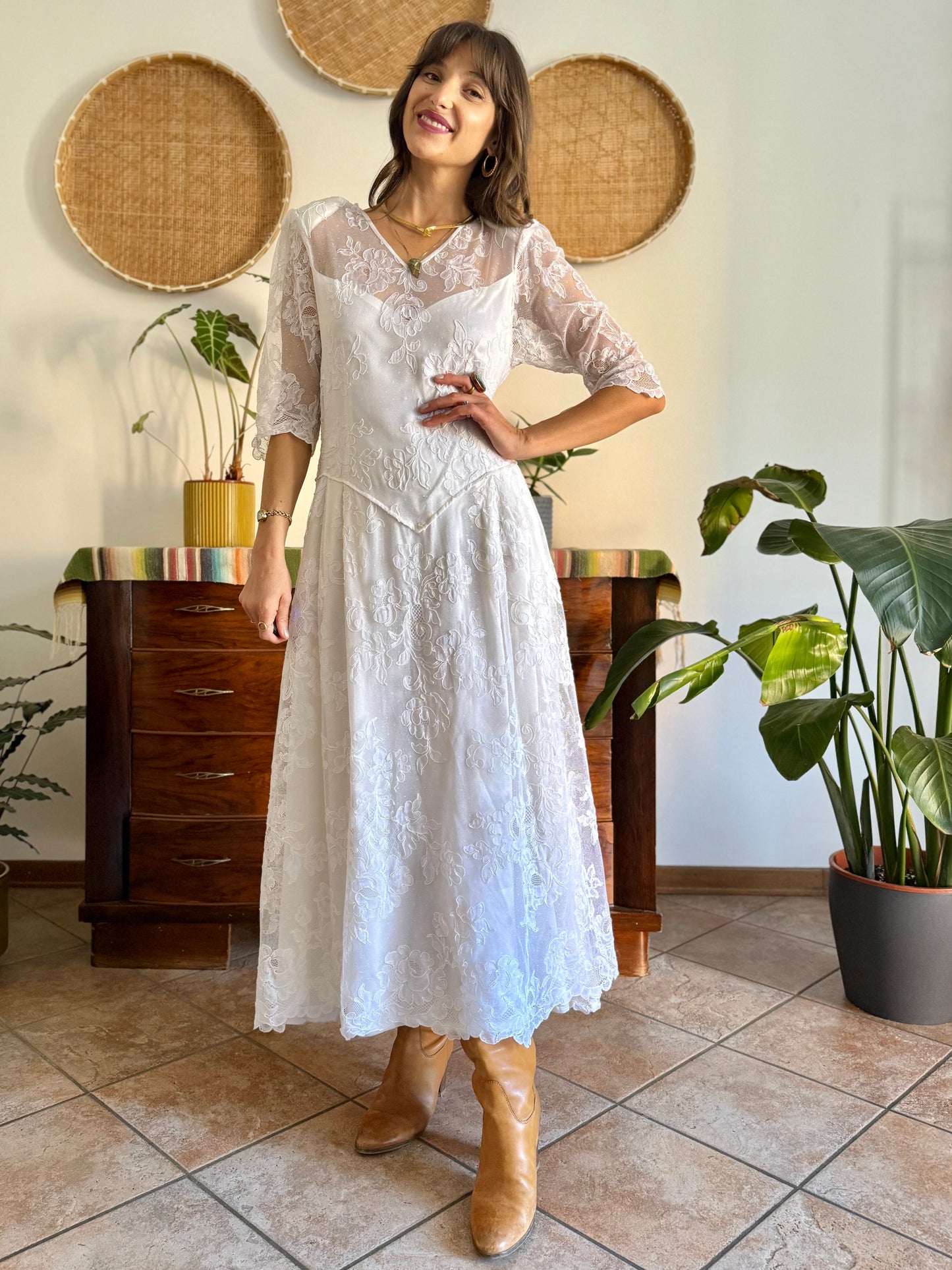 1970's vintage cream lace floral maxi dress with button details