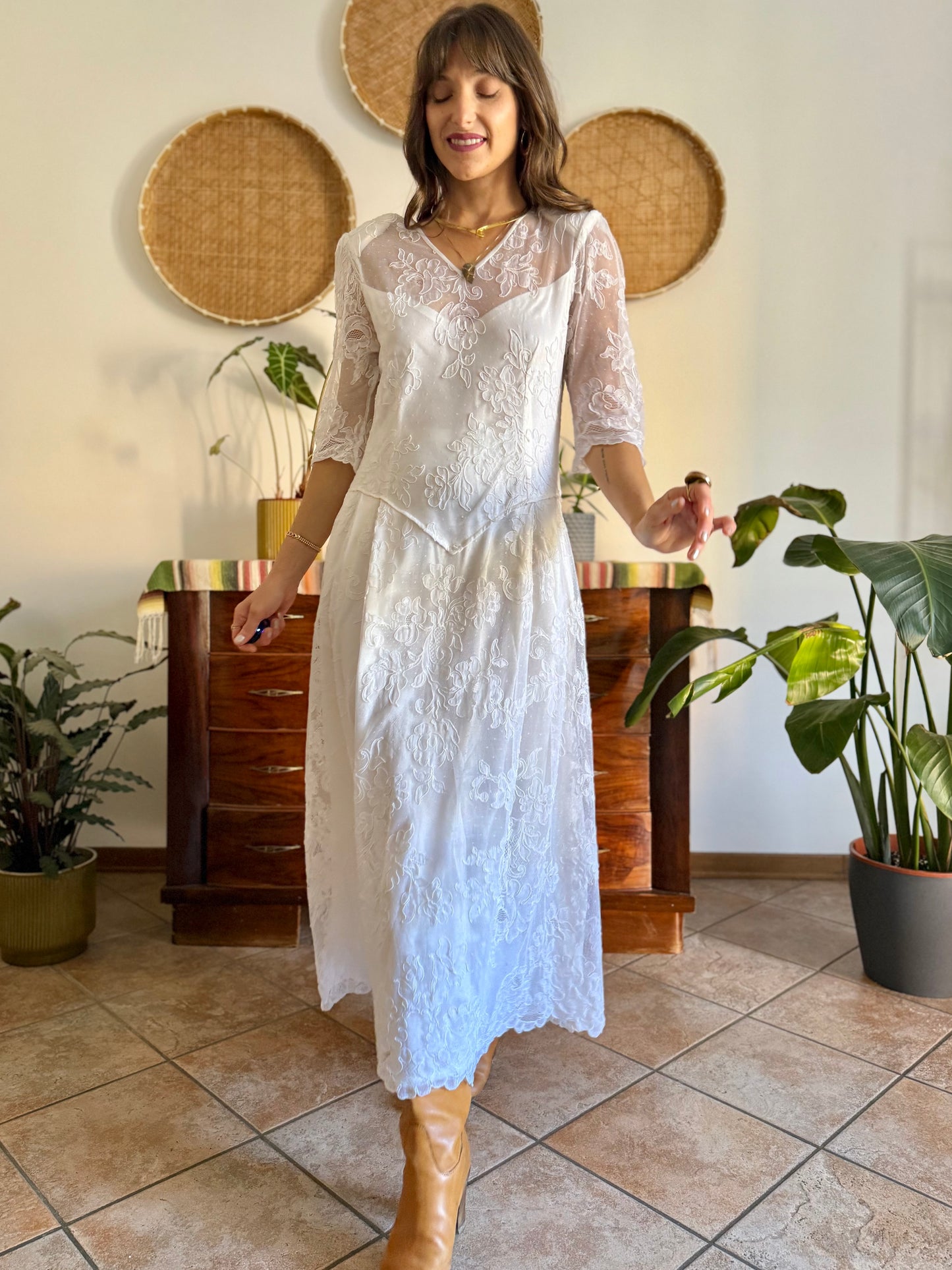 1970's vintage cream lace floral maxi dress with button details