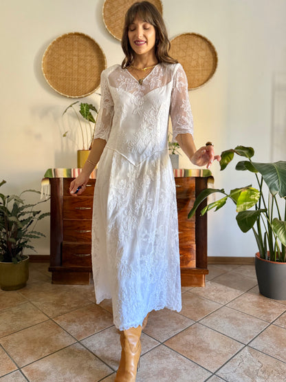 1970's vintage cream lace floral maxi dress with button details