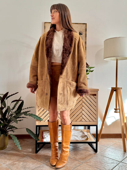 1970's vintage beige montone shearling coat with chocolate brown lining and collar