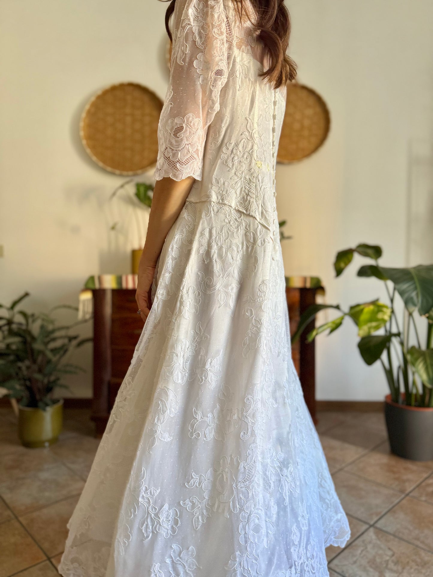 1970's vintage cream lace floral maxi dress with button details