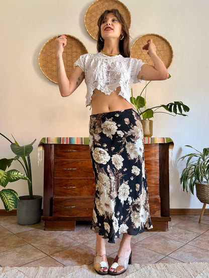 1990's vintage black, beige and lilac low waisted floral midi skirt