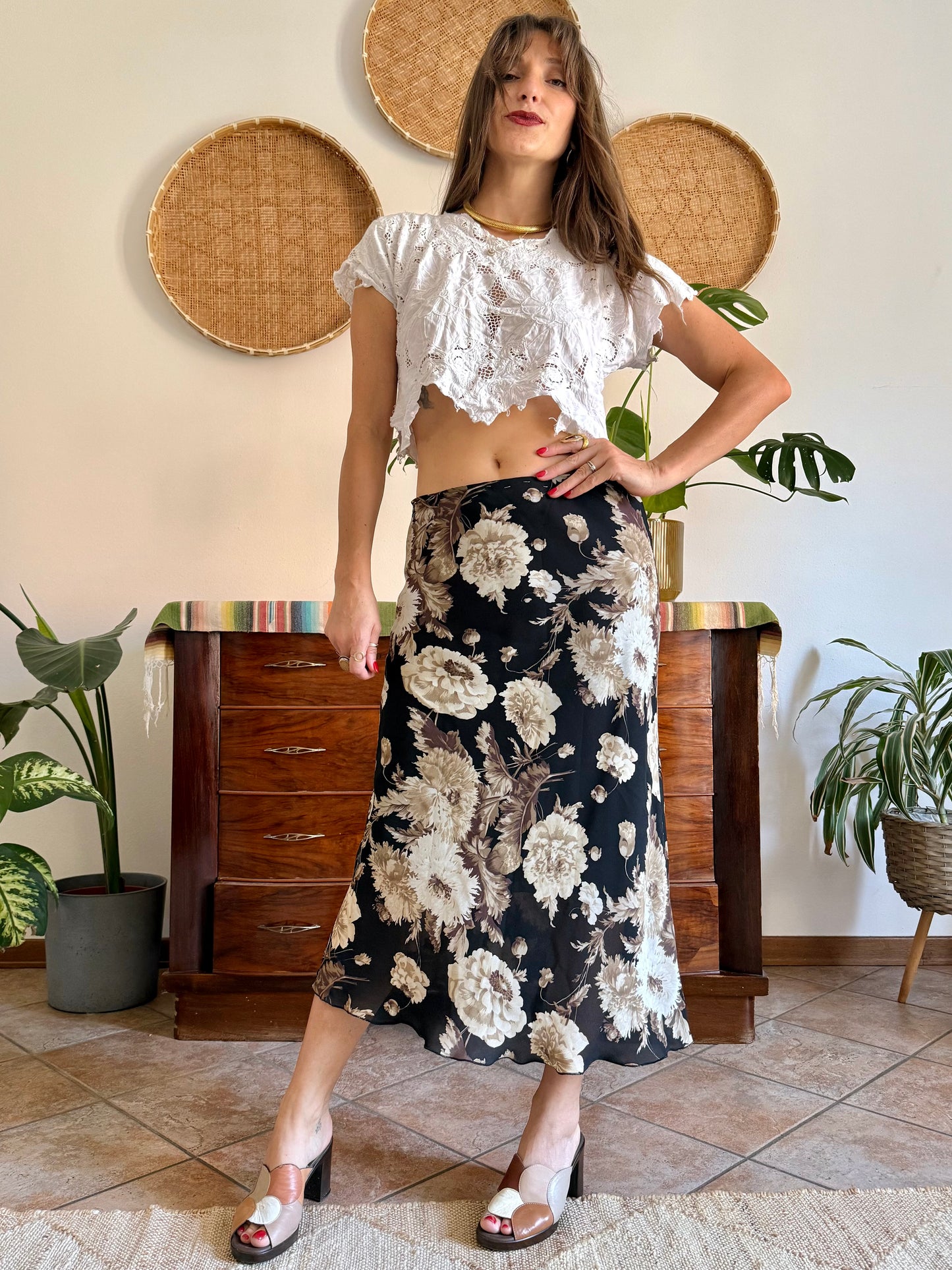 1990's vintage black, beige and lilac low waisted floral midi skirt
