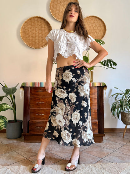 1990's vintage black, beige and lilac low waisted floral midi skirt