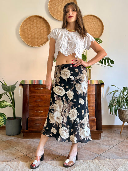 1990's vintage black, beige and lilac low waisted floral midi skirt
