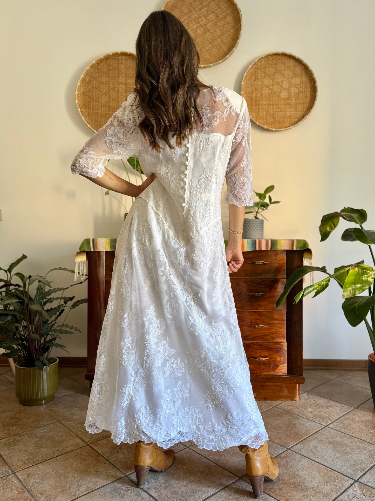 1970's vintage cream lace floral maxi dress with button details
