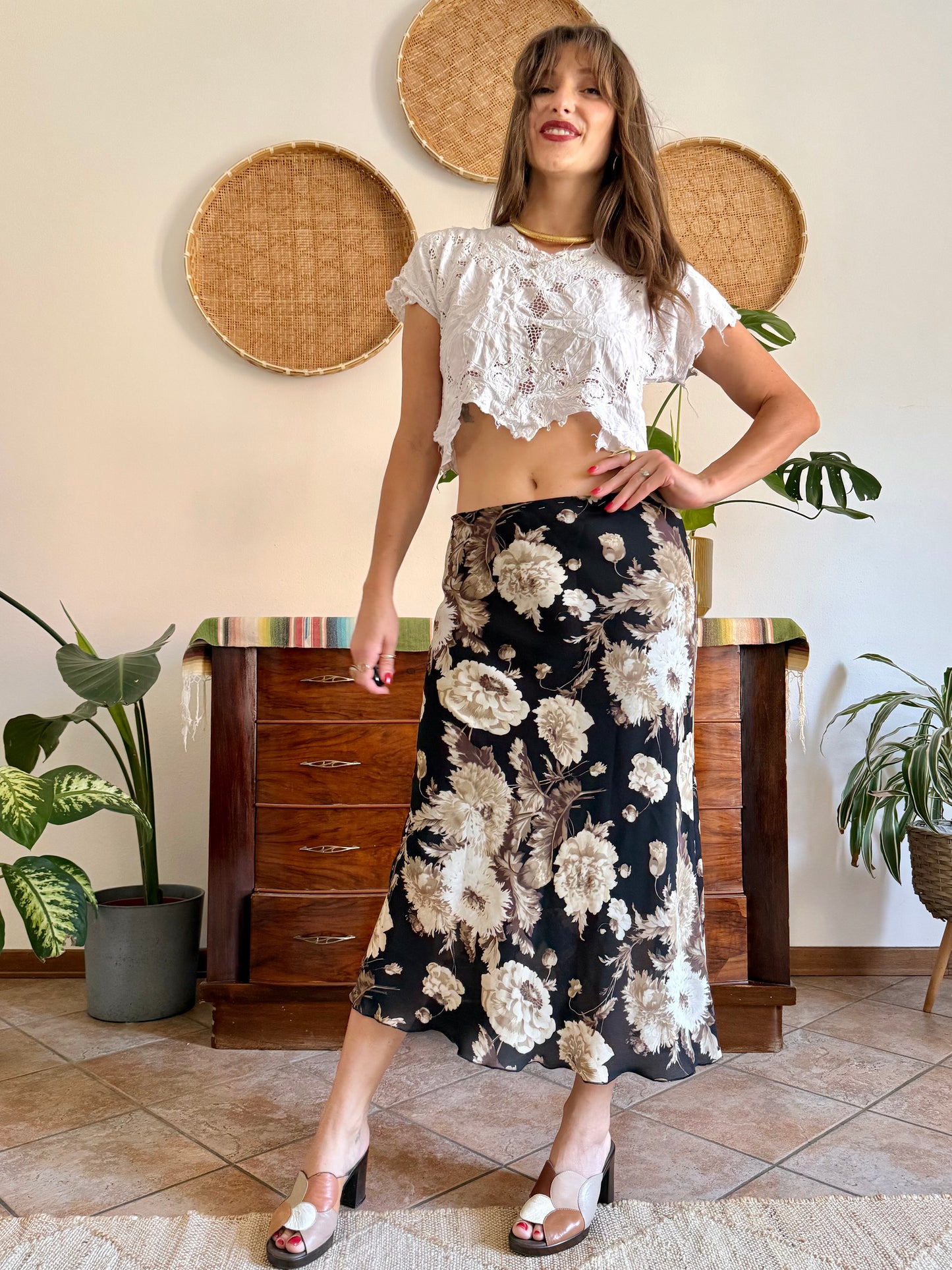 1990's vintage black, beige and lilac low waisted floral midi skirt