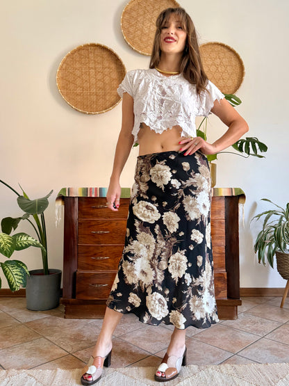 1990's vintage black, beige and lilac low waisted floral midi skirt