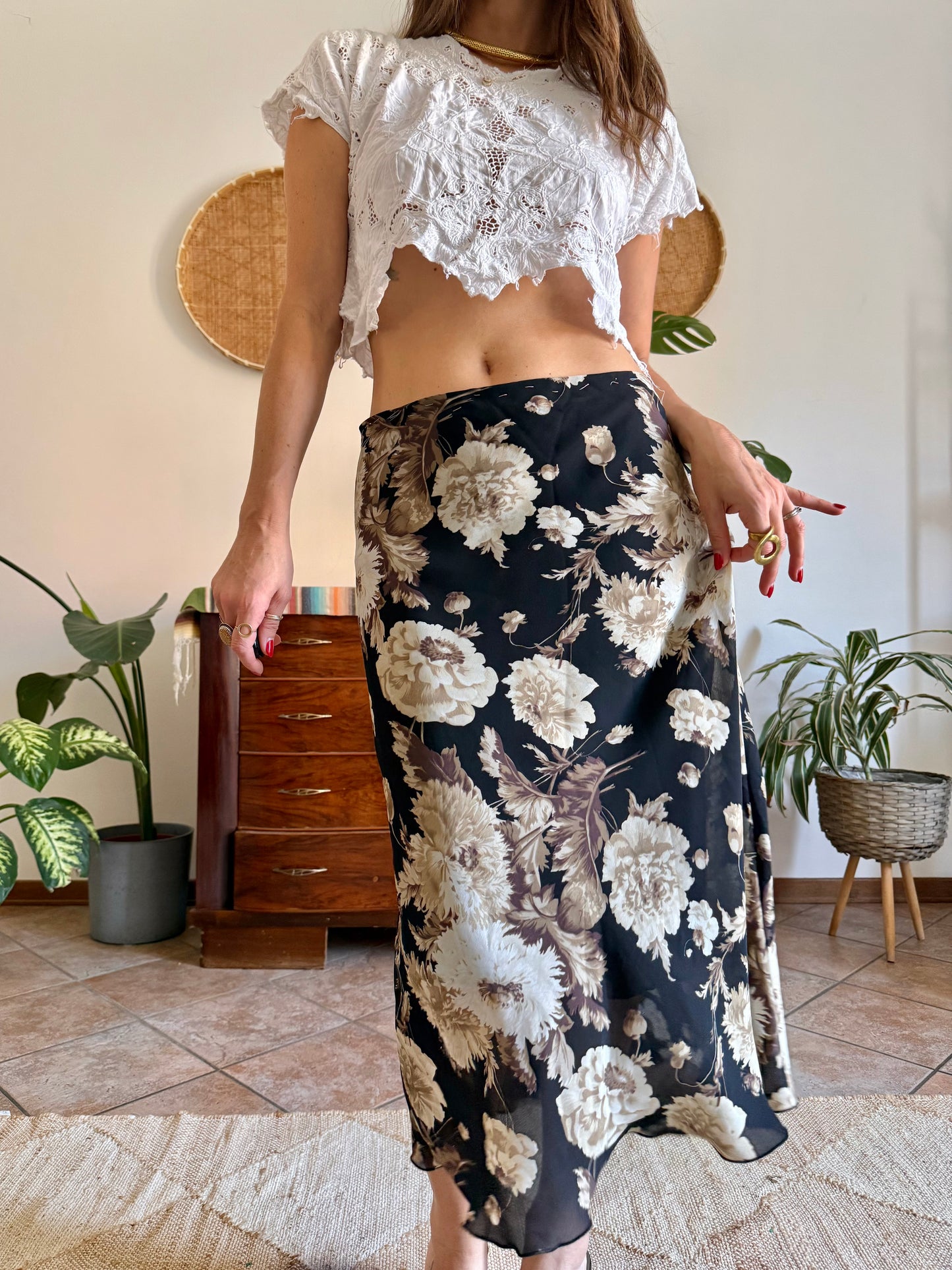 1990's vintage black, beige and lilac low waisted floral midi skirt