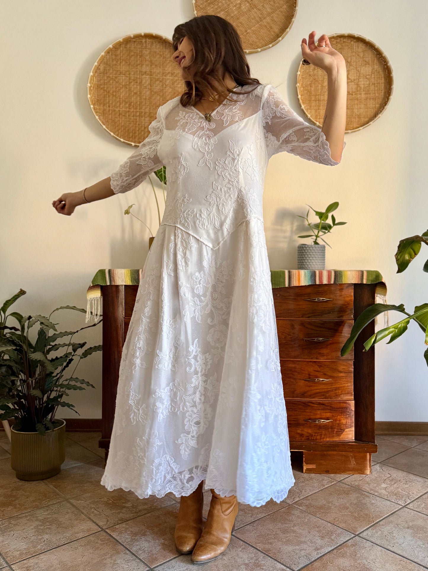 1970's vintage cream lace floral maxi dress with button details