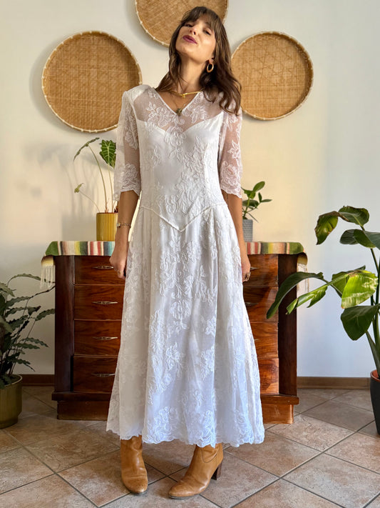 1970's vintage cream lace floral maxi dress with button details