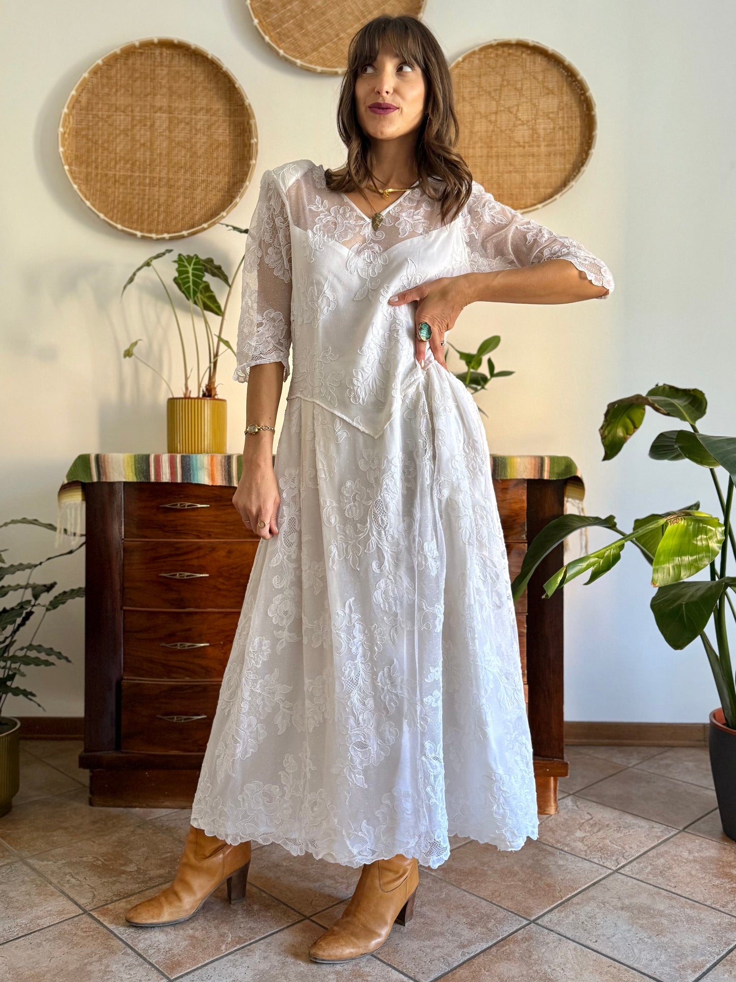 1970's vintage cream lace floral maxi dress with button details